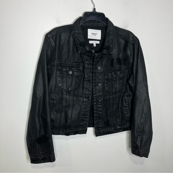 Vervet black coated distressed denim jacket classic crop fit size large - Picture 4 of 10